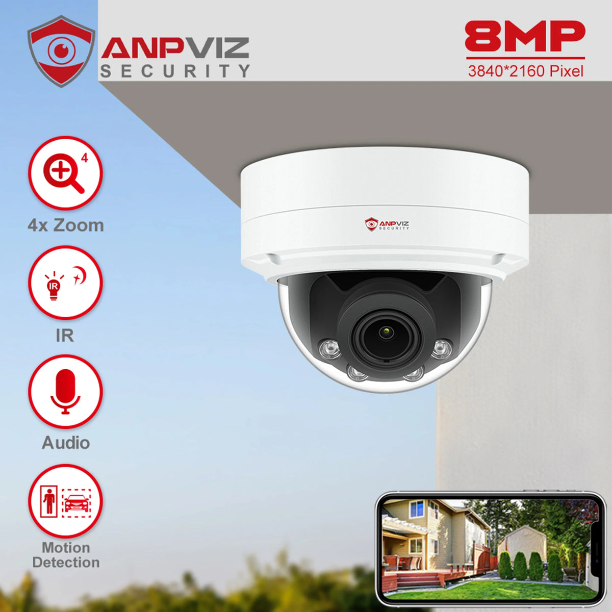 8MP  Camera 4X Zoom Camera Support Human Vehicle Detection 30m  Distance Built in Mic H.265 IP66