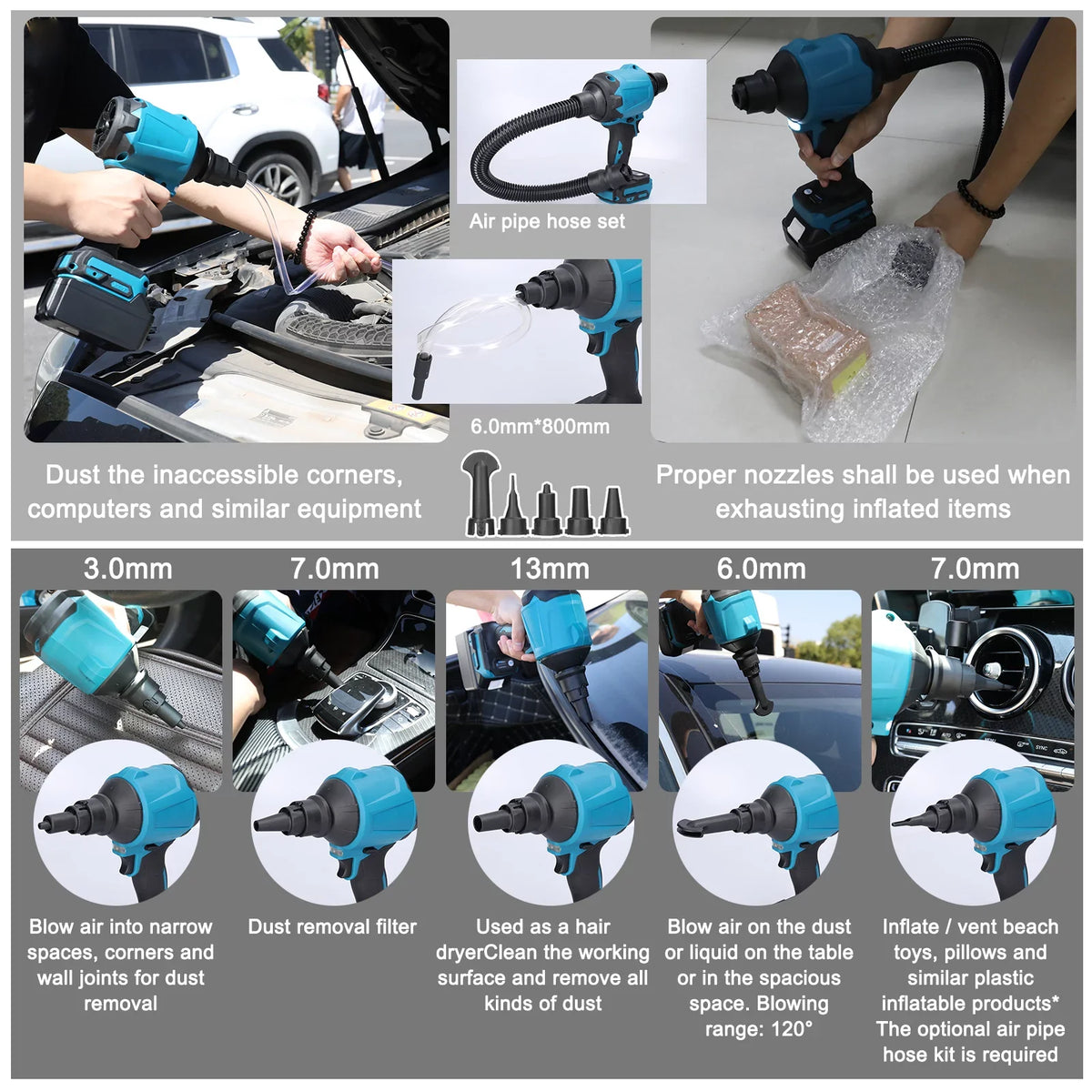 Electric Cordless Dust Blower, Rechargeable Air Dust Machine Stepless Speed Change,  Working Light