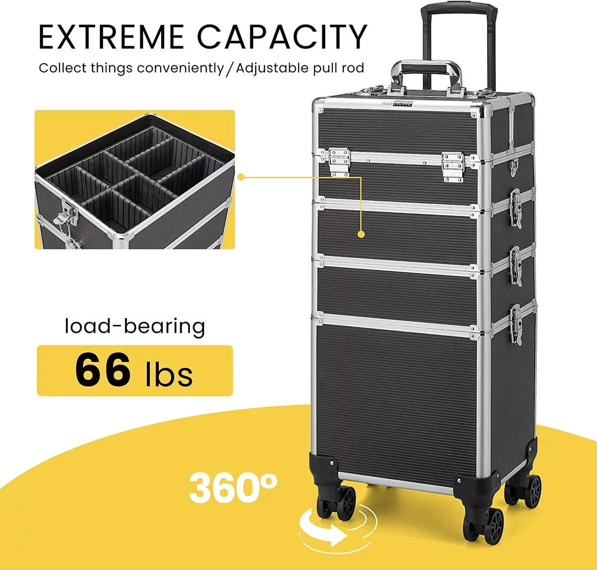 4 in 1 Makeup Rolling Train Case Aluminum Trolley Professional Cosmetic Organizer Box with Shoulder Straps 2 Keys Black(Cosmetic are not included)