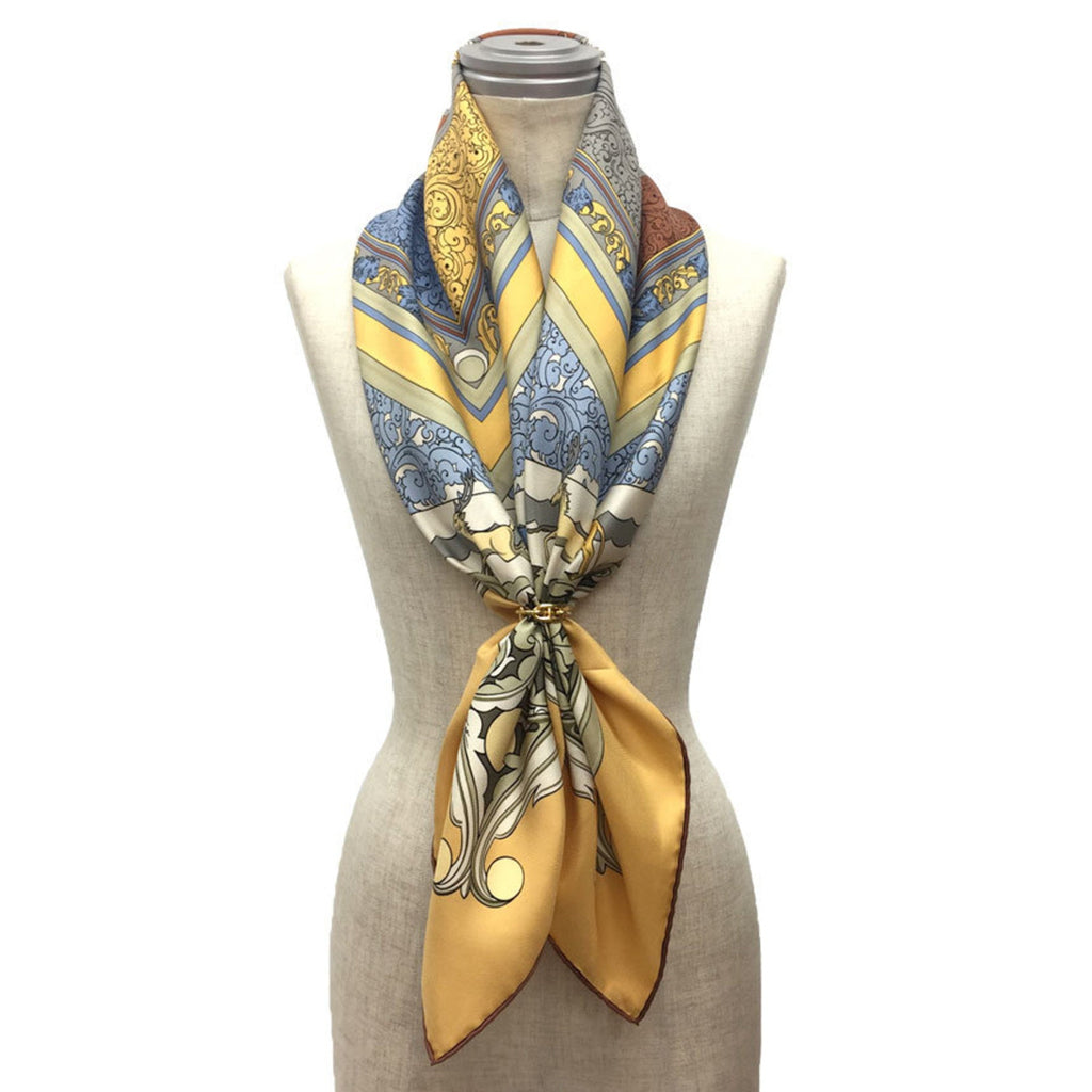 Pre-Owned  Hermes Scarf Muffler Kare90   Animals of the Sun Cream Yellow 100% Silk (Like New)