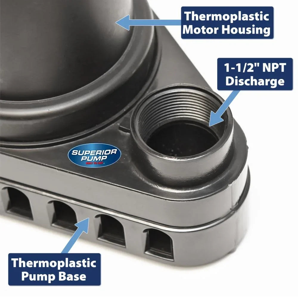 Superior Pump 92572 1/2  Thermoplastic Submersible Water Sump Pump with Vertical Float Switch, Black