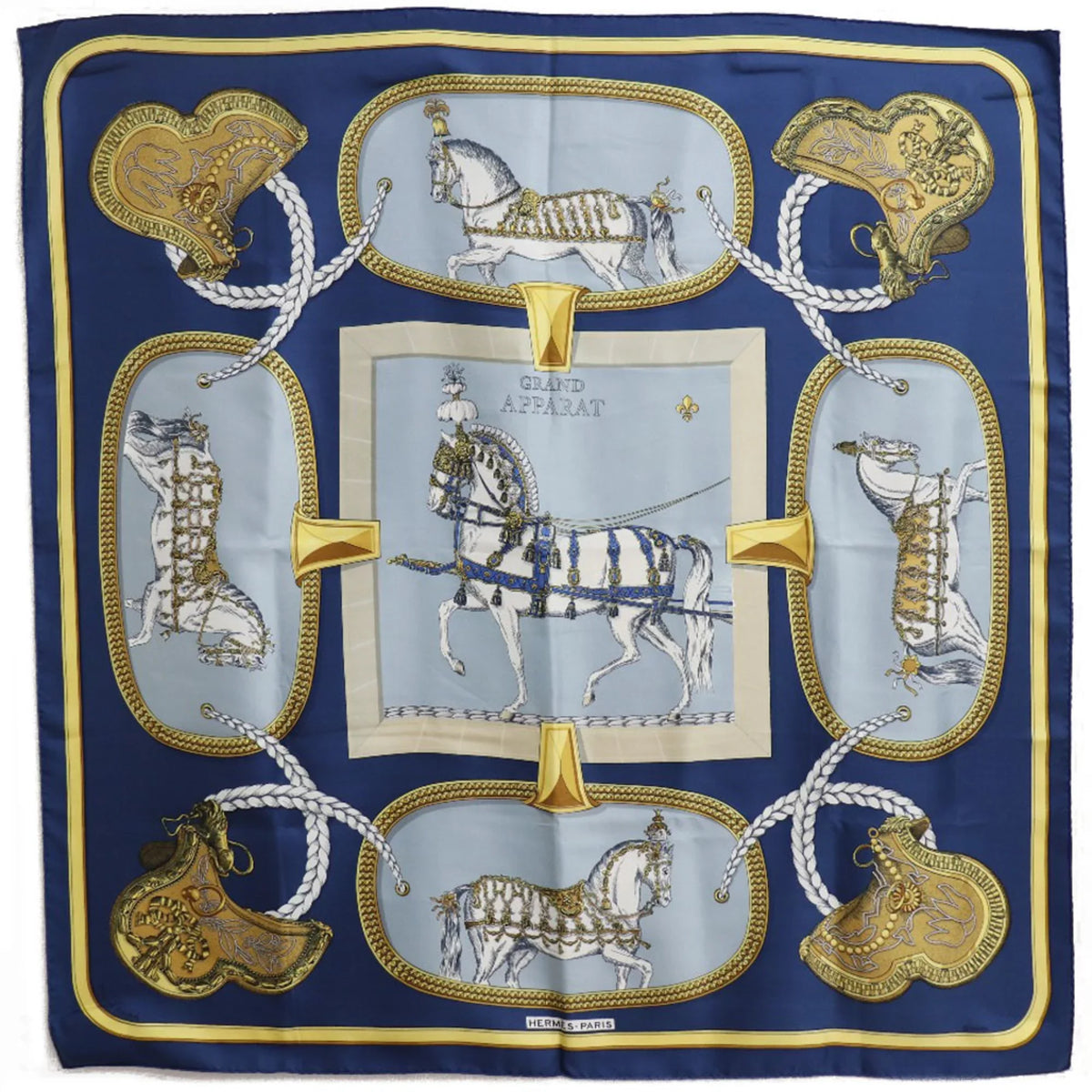 Pre-Owned Hermes Carre 90   Dressed Horse Silk Blue Women's Scarf (Fair)