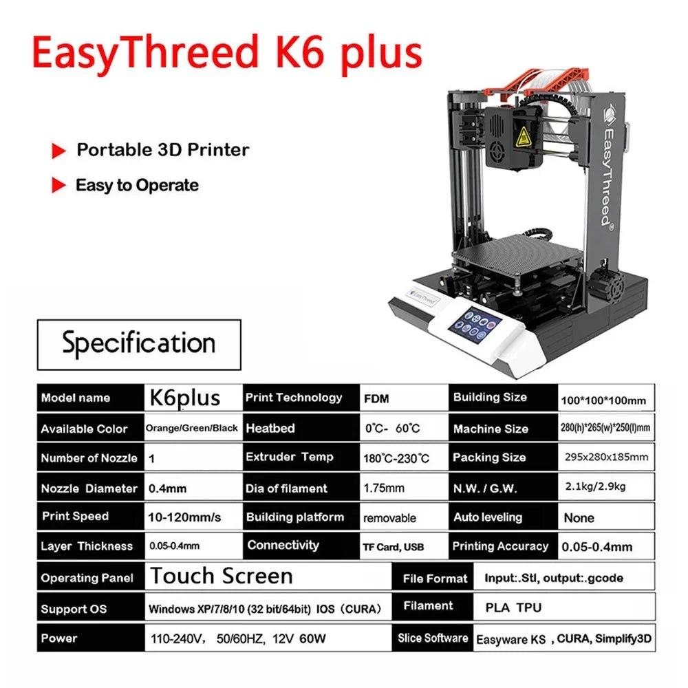 EasyThreed 3D printer,Print Size Removable K6 Plus 3D Printer  Kids  Printers 3D-Printer 3D Printer Hine 100x100x100mm/4x4x4inches  Comes Plus Printer Hine