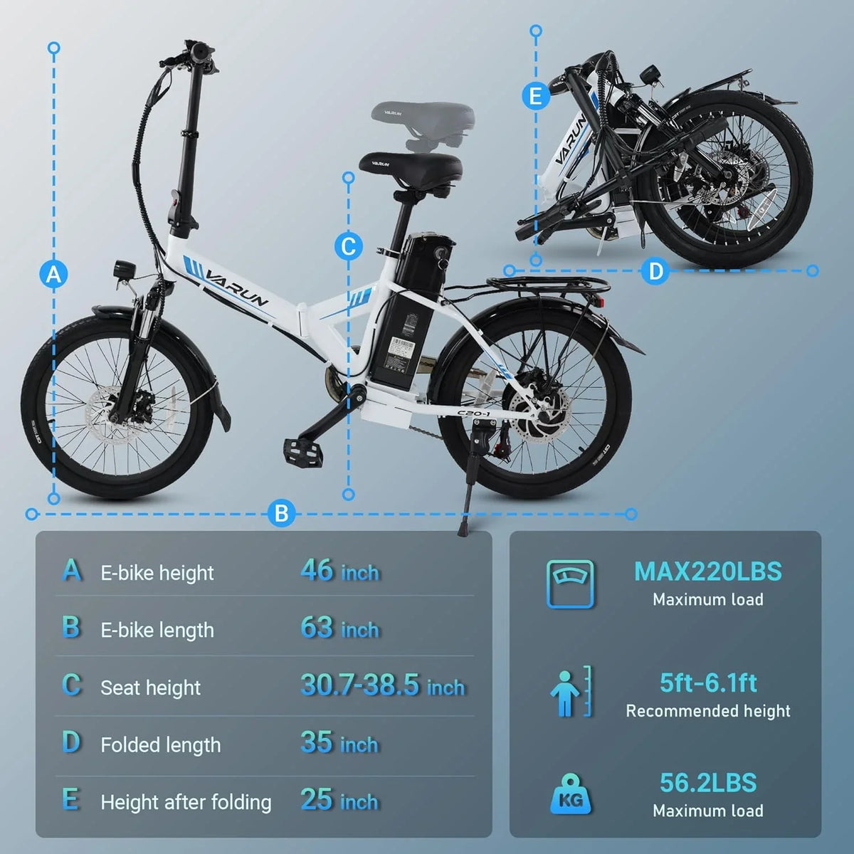 Electric Bike - 500W Folding Ebike with Stylish 20" Wheels, 48V Lithium Battery for 40 Miles Range and 20MPH Speed
