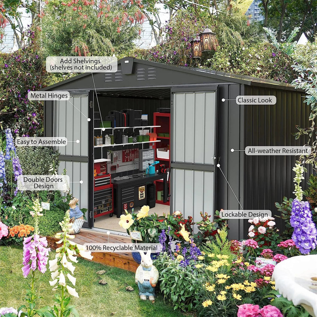 CoSoTower Outdoor Storage Shed 10'X 8', Metal Garden Shed for Bike, Trash Can, Tools, Galvanized Steel Outdoor Storage Cabinet with Lockable Door for Backyard, Patio, Lawn (10X8ft, Black)