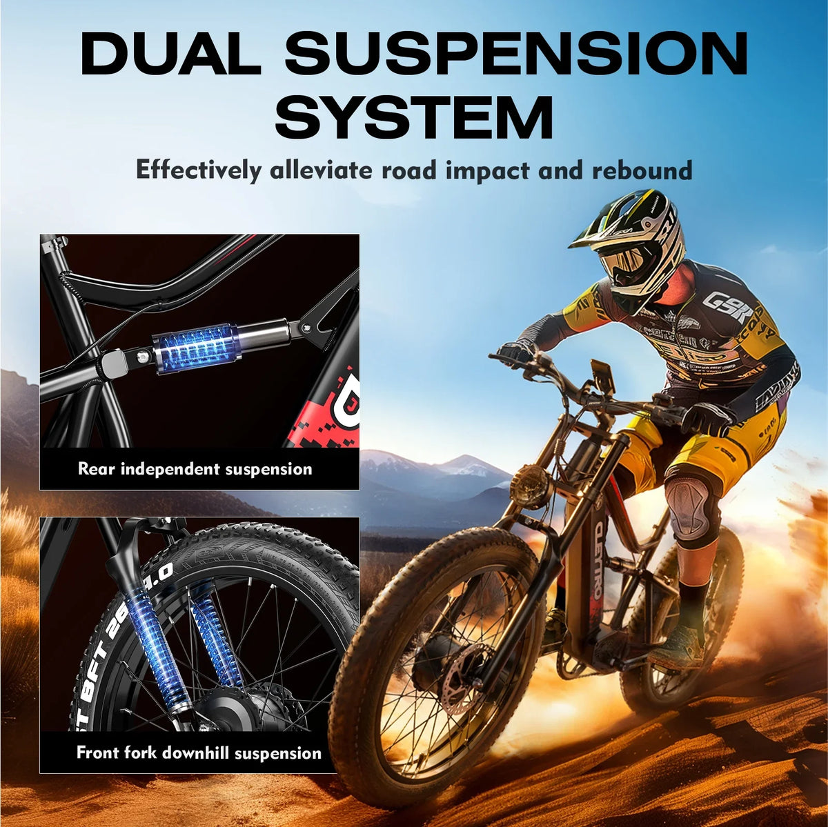 Adult Electric Bike 1500W Electric Bike, 52V 21Ah Removable Battery 26 Inch Fat Tire Off-Road Beach Mountain Electric Bike Full Suspension Dual Hydraulic Disc Brake Commuter Electric Bike 7-Speed Elec
