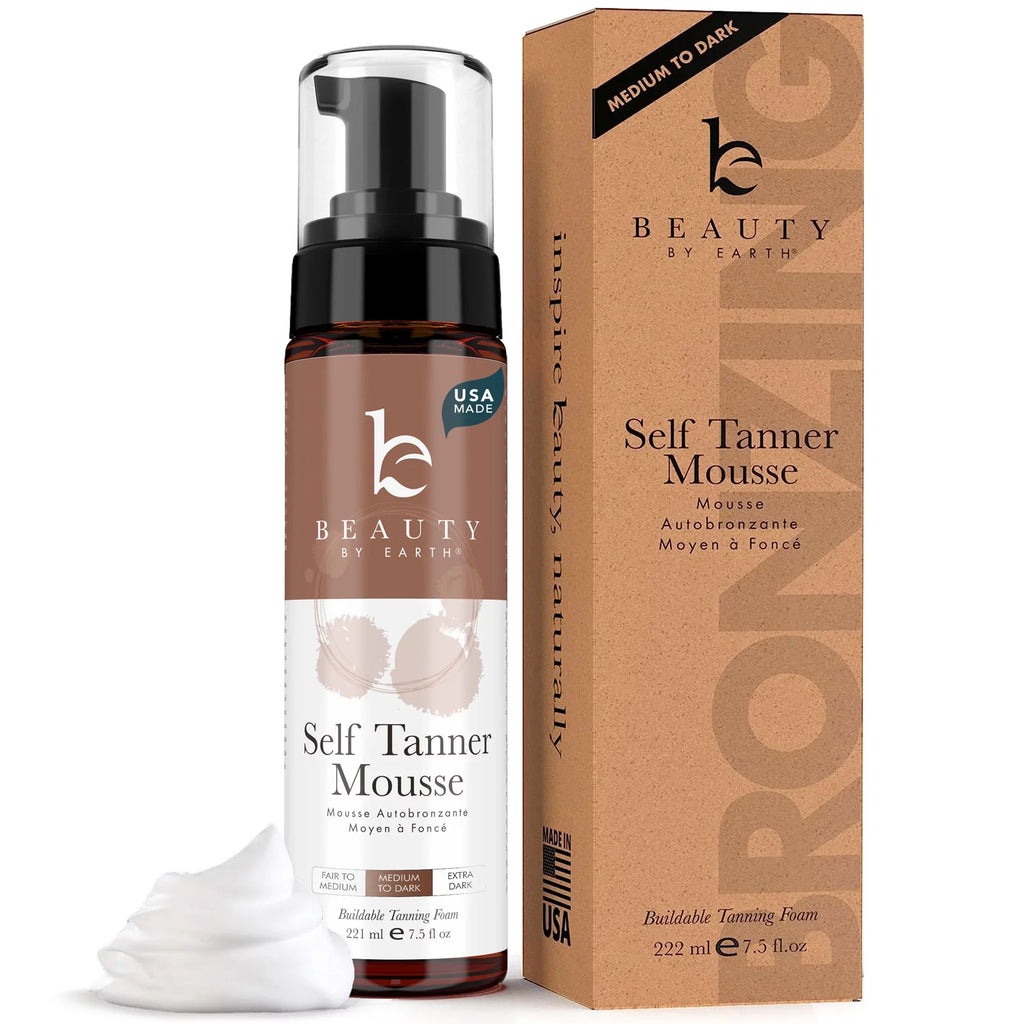 Beauty by Earth Self Tanner Mousse - With Organic Botanical & Hyaluronic Acid, Gradual Tanning Foam Self Tanning Mousse for a Bronzer Self Tan, Dye Free, Vegan &  Made (7.5 oz, Medium to Dark)