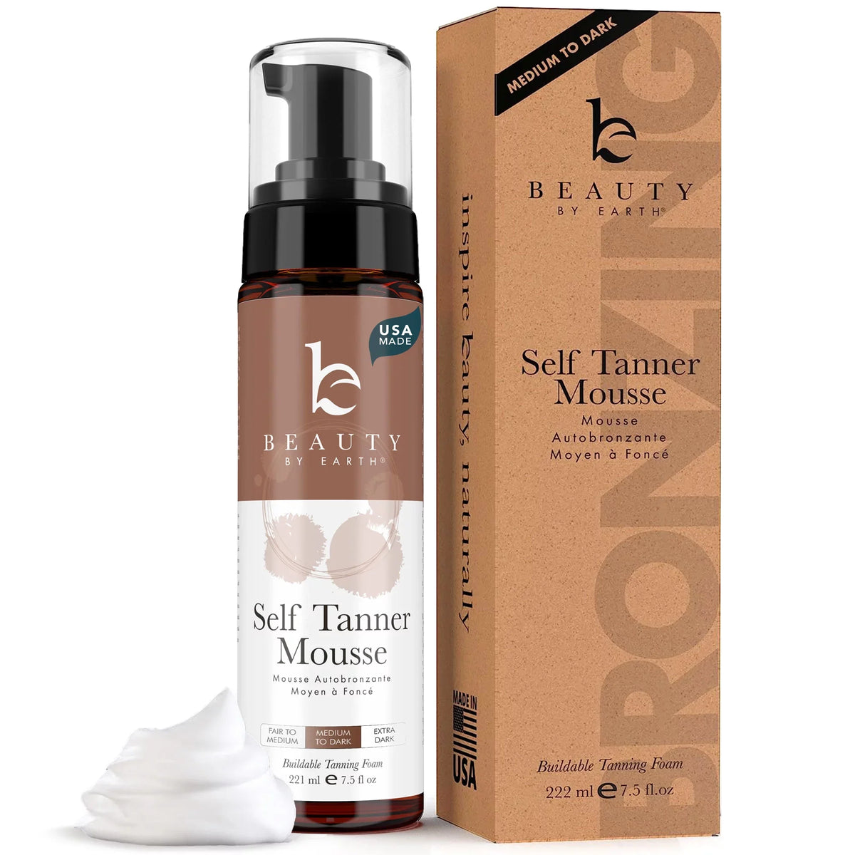Beauty by Earth Self Tanner Mousse - With Organic Botanical & Hyaluronic Acid, Gradual Tanning Foam Self Tanning Mousse for a Bronzer Self Tan, Dye Free, Vegan &  Made (7.5 oz, Medium to Dark)