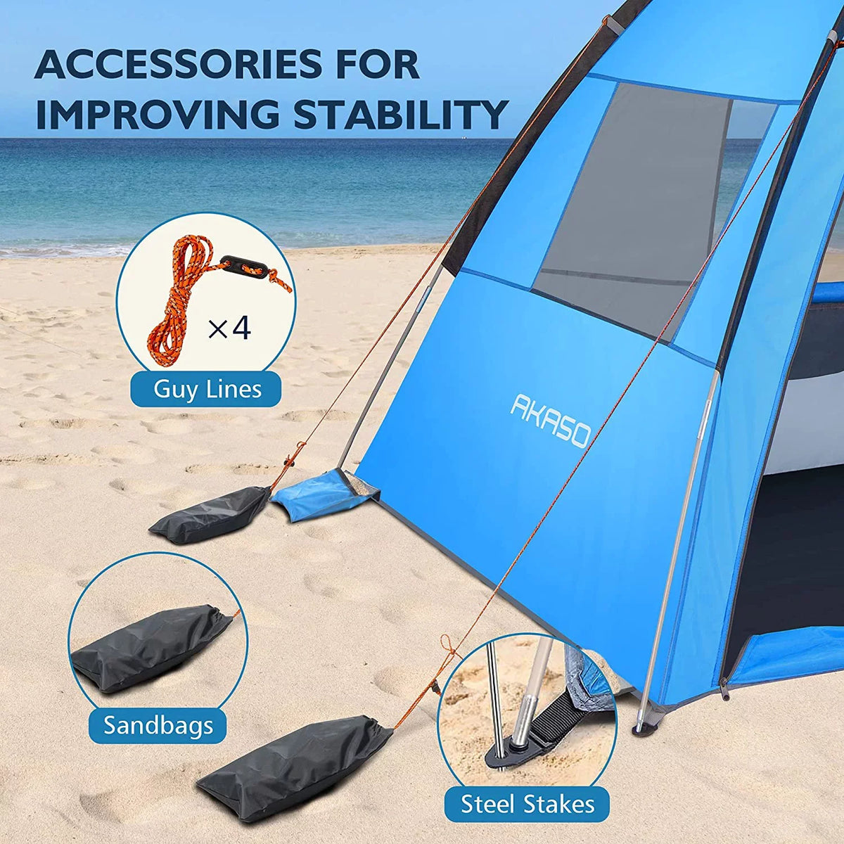 Beach Tent for 3-4 Person,  50+ Assemble 7.4' x 4.7' Beach Tent, Blue