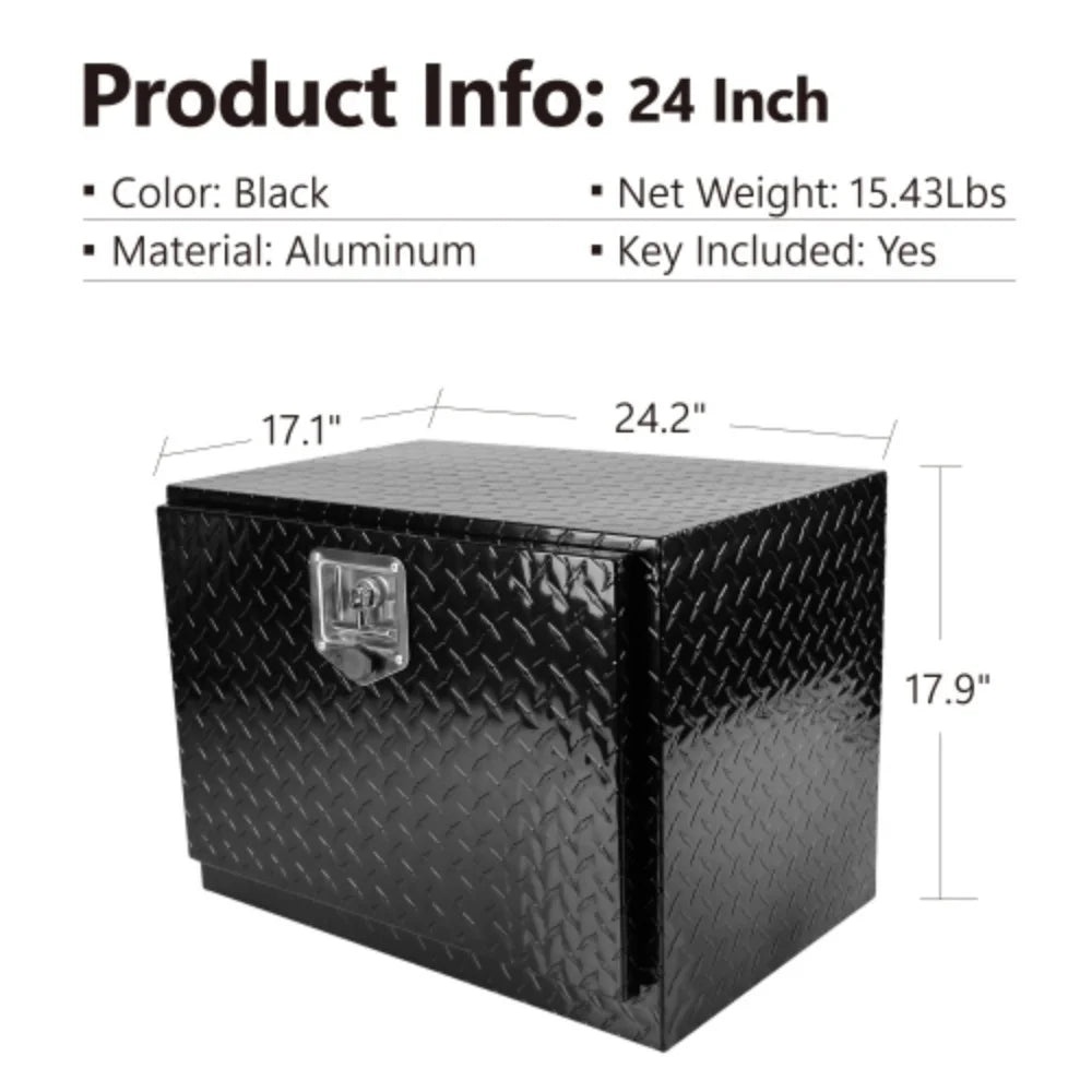 24 Inch Aluminum Stripes Plated Tool Box Pick Up Truck Bed  Trailer Toolbox Waterproof Square Storage Organizer with Lock and Keys - Black  Black + Aluminum + Square box + 24"(24.2"×17.1"×17.9")