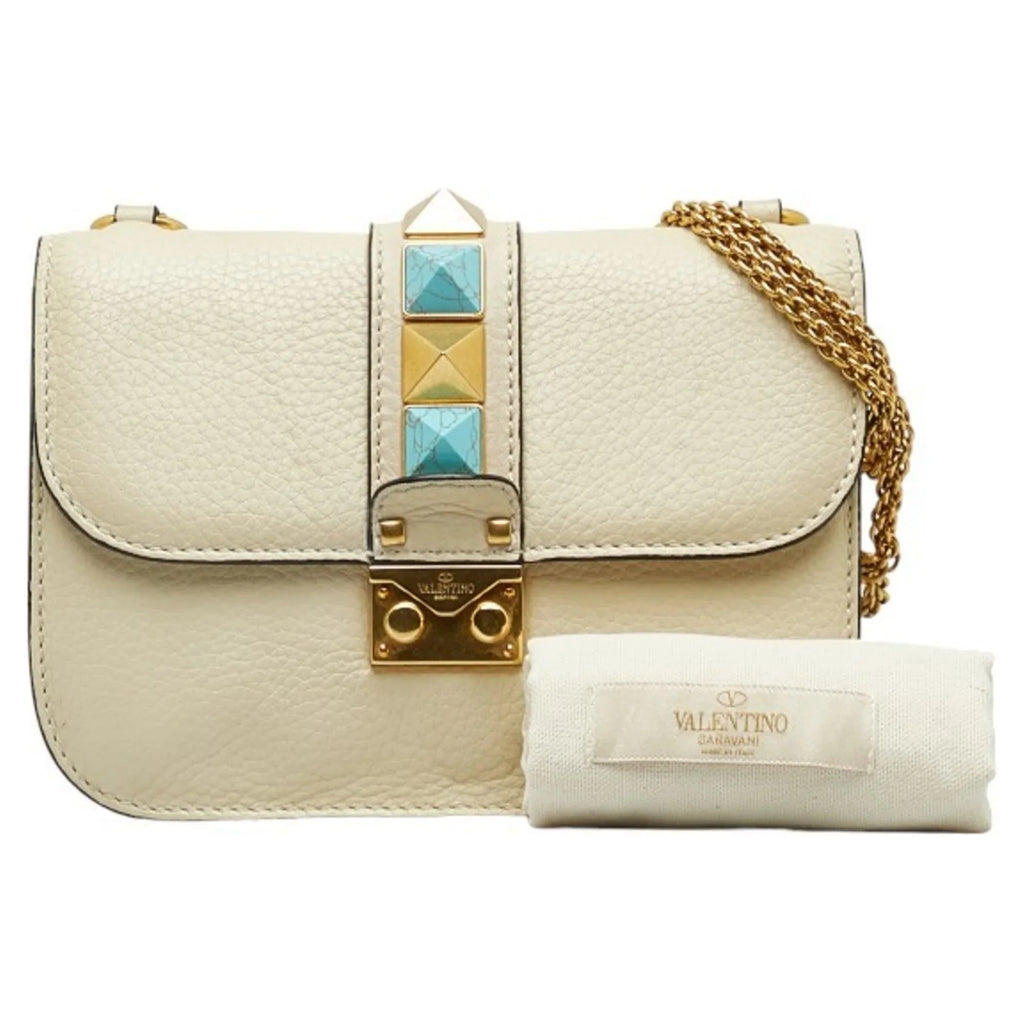 Pre-Owned Valentino Studded Chain Shoulder Bag Ivory Leather Women's  (Good)