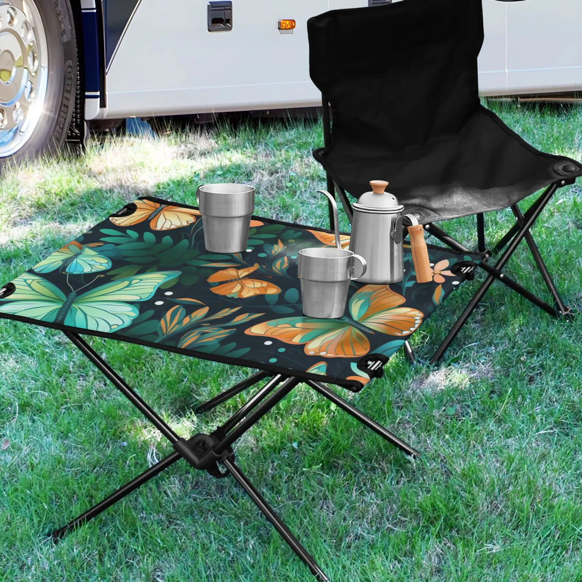 Butterfly Floral Leave Camping Folding Table Portable Beach Table with Storage Bag Compact Picnic Table for Outdoor Travel Fishing