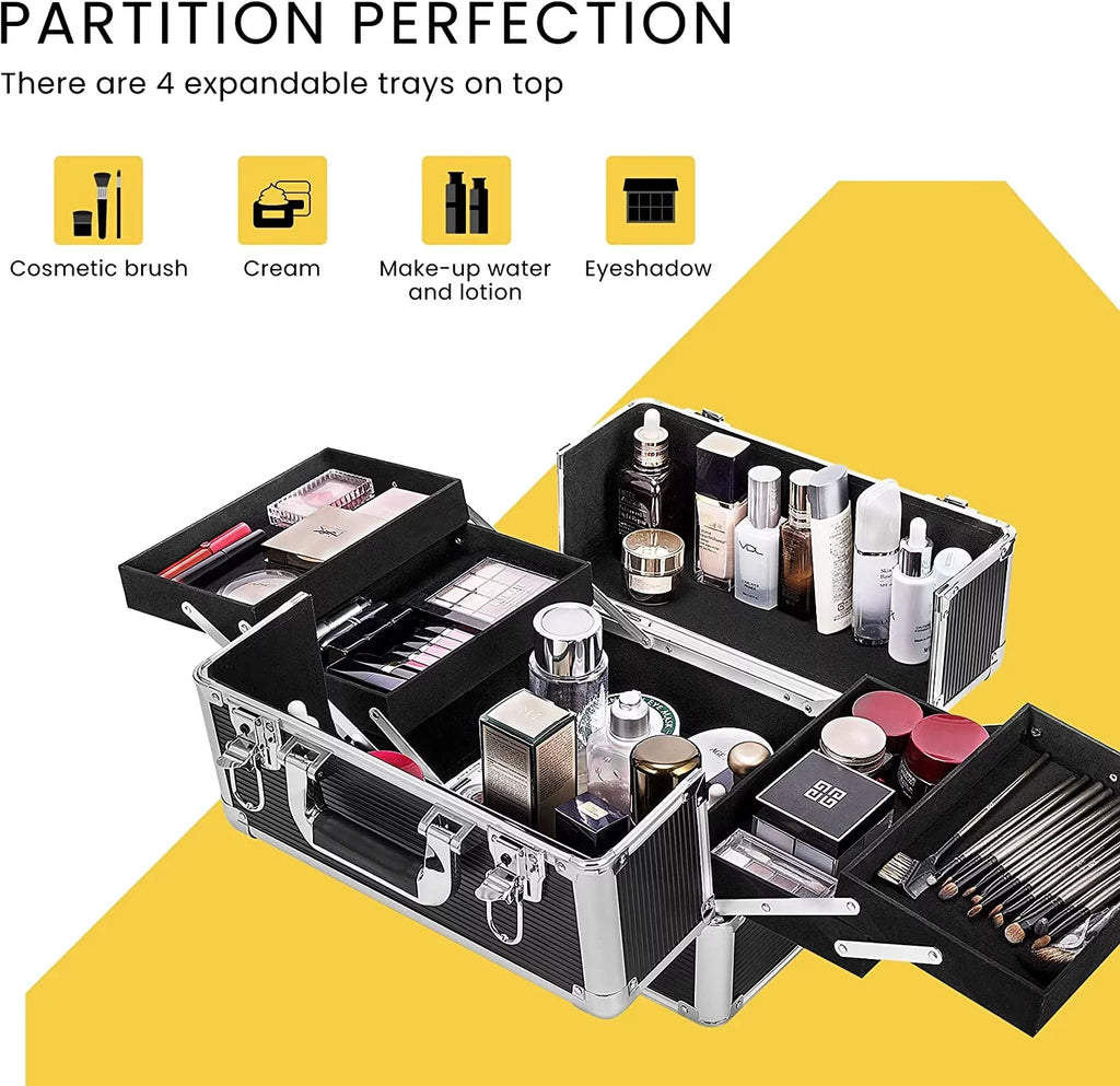 4 in 1 Makeup Rolling Train Case Aluminum Trolley Professional Cosmetic Organizer Box with Shoulder Straps 2 Keys Black(Cosmetic are not included)