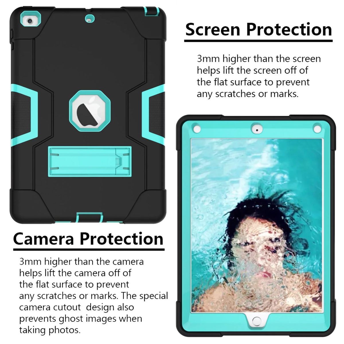 Allytech Case for New iPad 9.7 2018 2017,iPad 6th/5th Generation Case,Three Layer Shockproof Armor Defender Protective Case Cover for Apple iPad 9.7 2017/2018 A1893 A1954 A1822 A1823 (Black/Aqua)