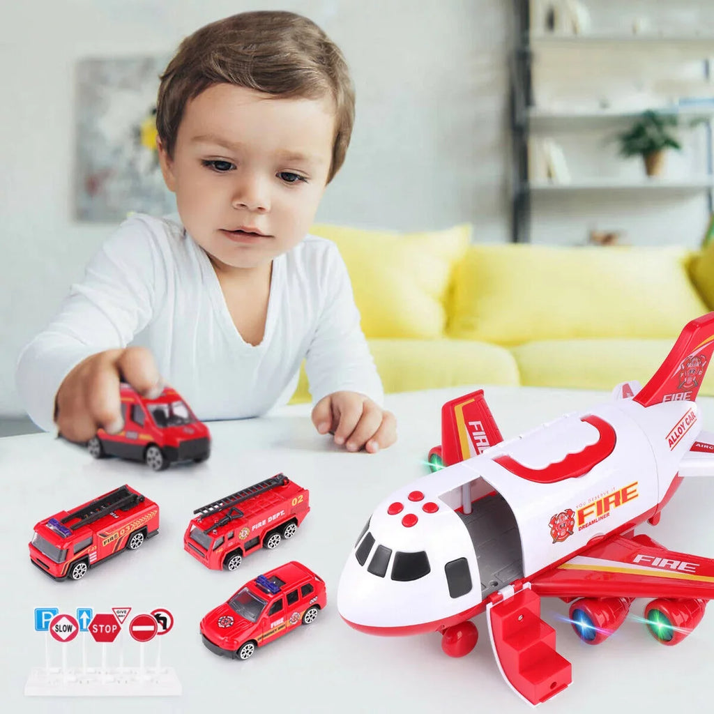 Airplane Toy Fire Truck Playset with Music and Lights, Transformable Airplane Storage Cart, 3-6 Years Old Boys and Girls Birthday Christmas Gift (Red)