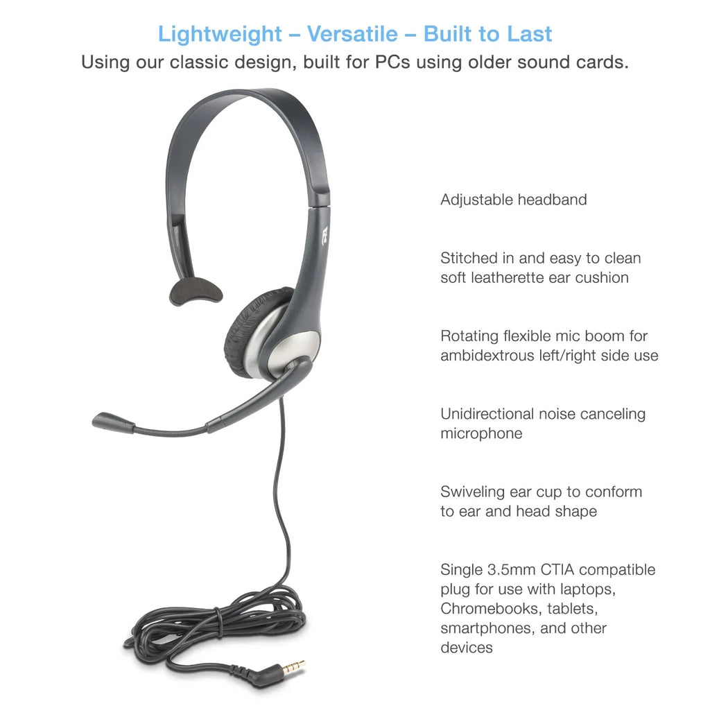 Cyber Acoustics Gray Mono Headset w/ Y-Adapter & Microphone (-104) -