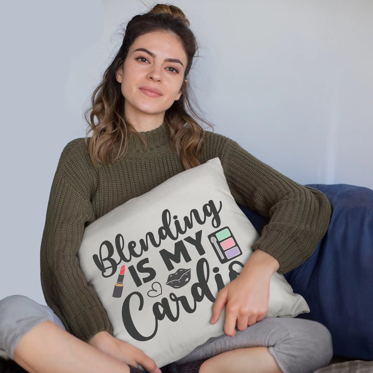Blending Is My Cardio w/ Eyeshadow Palette, Lips & Red Lipstick Design - Beauty Themed Merch for Makeup Artist or Cosmetologist, Gift for Makeup Lovers, Pillow Cover, White 18X18