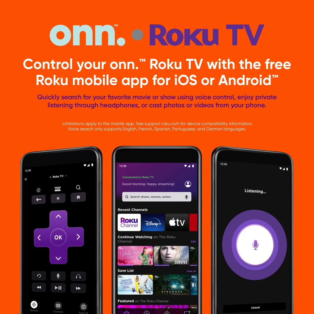 onn. 55”  4K  (2160p) Roku Smart  with Dolby Atmos, Dolby Vision, Local Dimming, 120hz Effective Refresh Rate, and  (100071701)