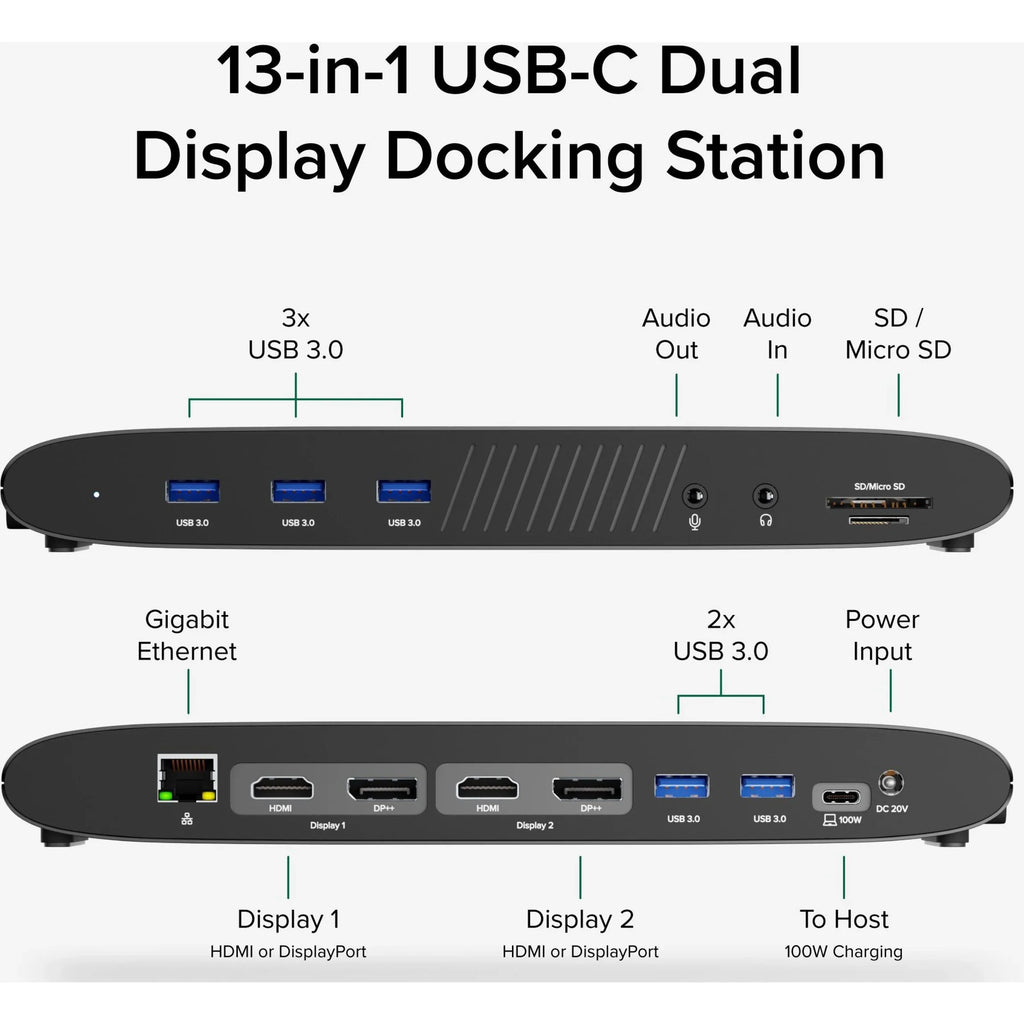 Plugable 13-in-1  C Docking Station Dual Monitor, 100W Charging, Dual 4K Displays 2x  or 2x DisplayPort, Compatible with Mac, Windows, Thunderbolt 3 / 4, -C (5x , Ethernet,  Card Reader