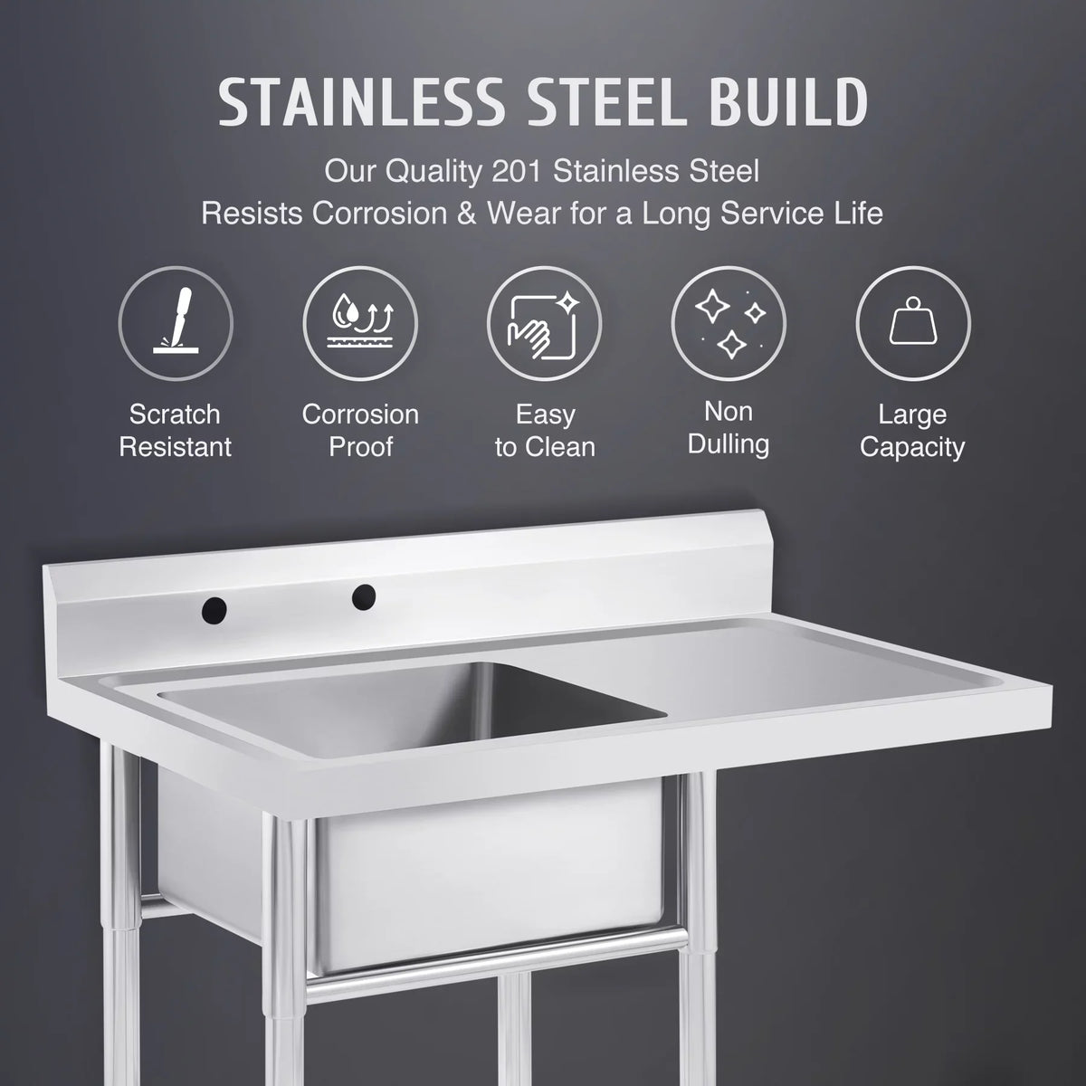 Wilprep Commercial Stainless Steel Utility Sink w Drainboard Strainer Backsplash for Kitchen Bar