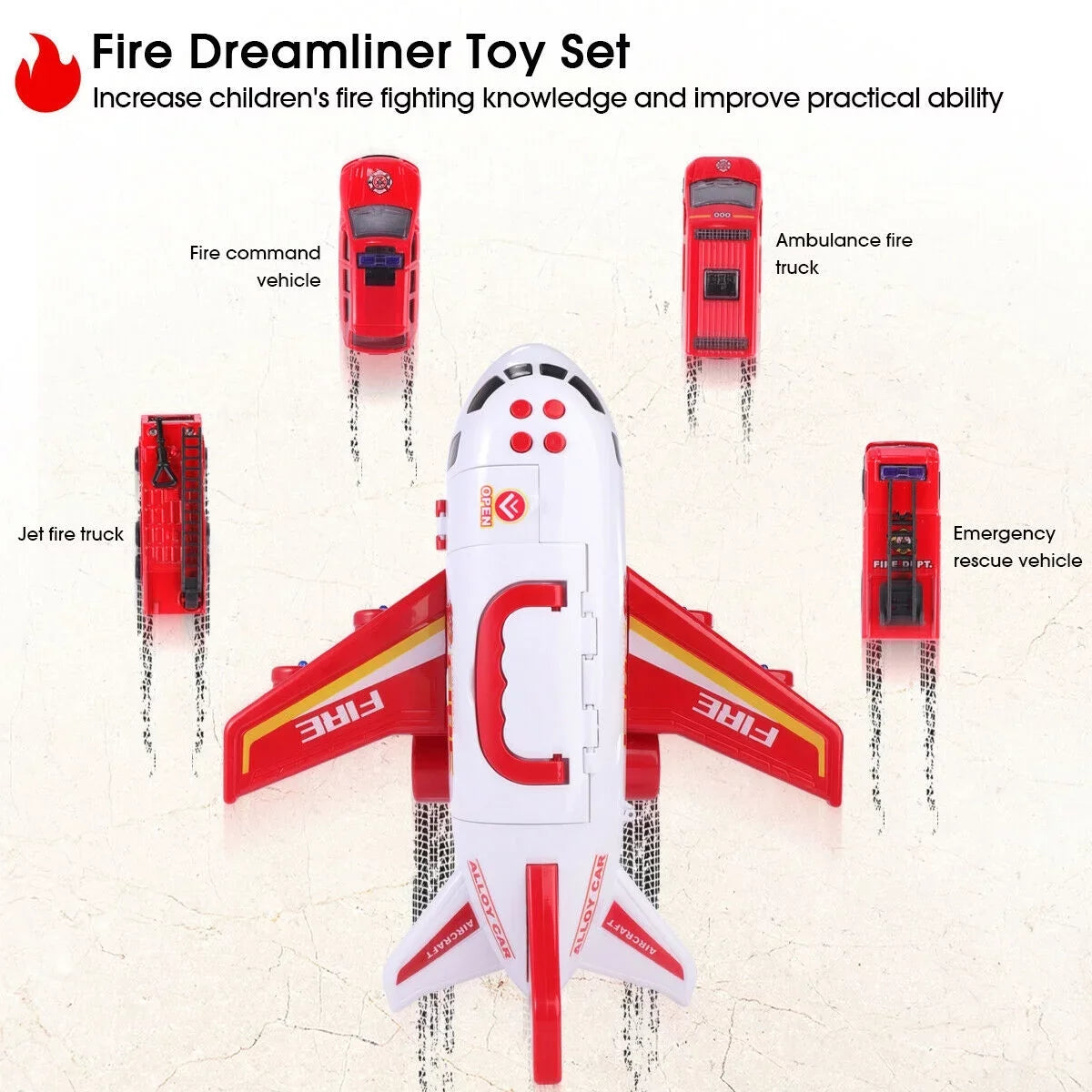 Airplane Toy Fire Truck Playset with Music and Lights, Transformable Airplane Storage Cart, 3-6 Years Old Boys and Girls Birthday Christmas Gift (Red)