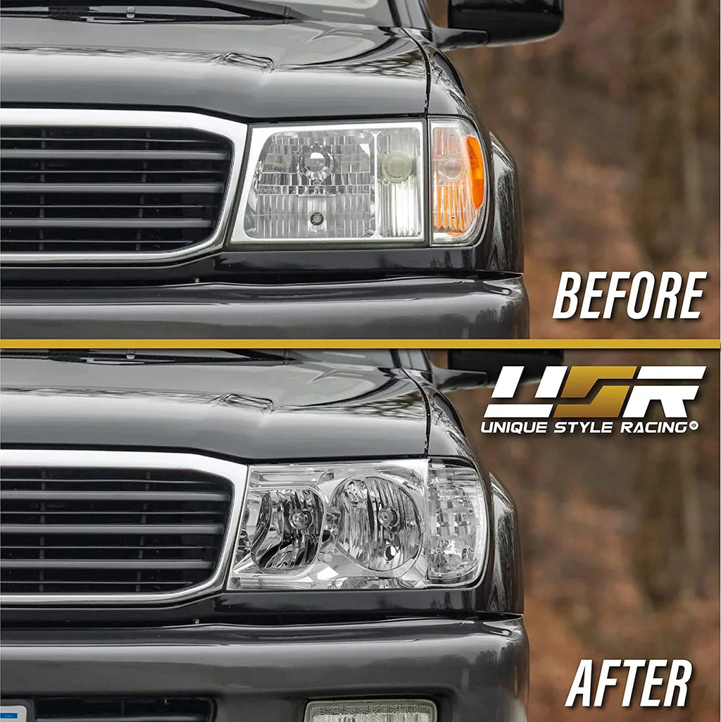 FJ100 Headlights - Headlamps Set (Left + Right) Compatible with 1998-2005 Toyota Land Cruiser  100 (Euro Style with Clear Corner  Piece Design)