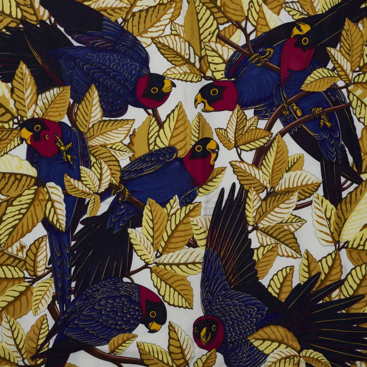 Pre-Owned Hermes Carre90 Les Perroquets detail Bird Parrot Scarf Muffler Gold Navy Silk Ladies  (Good)
