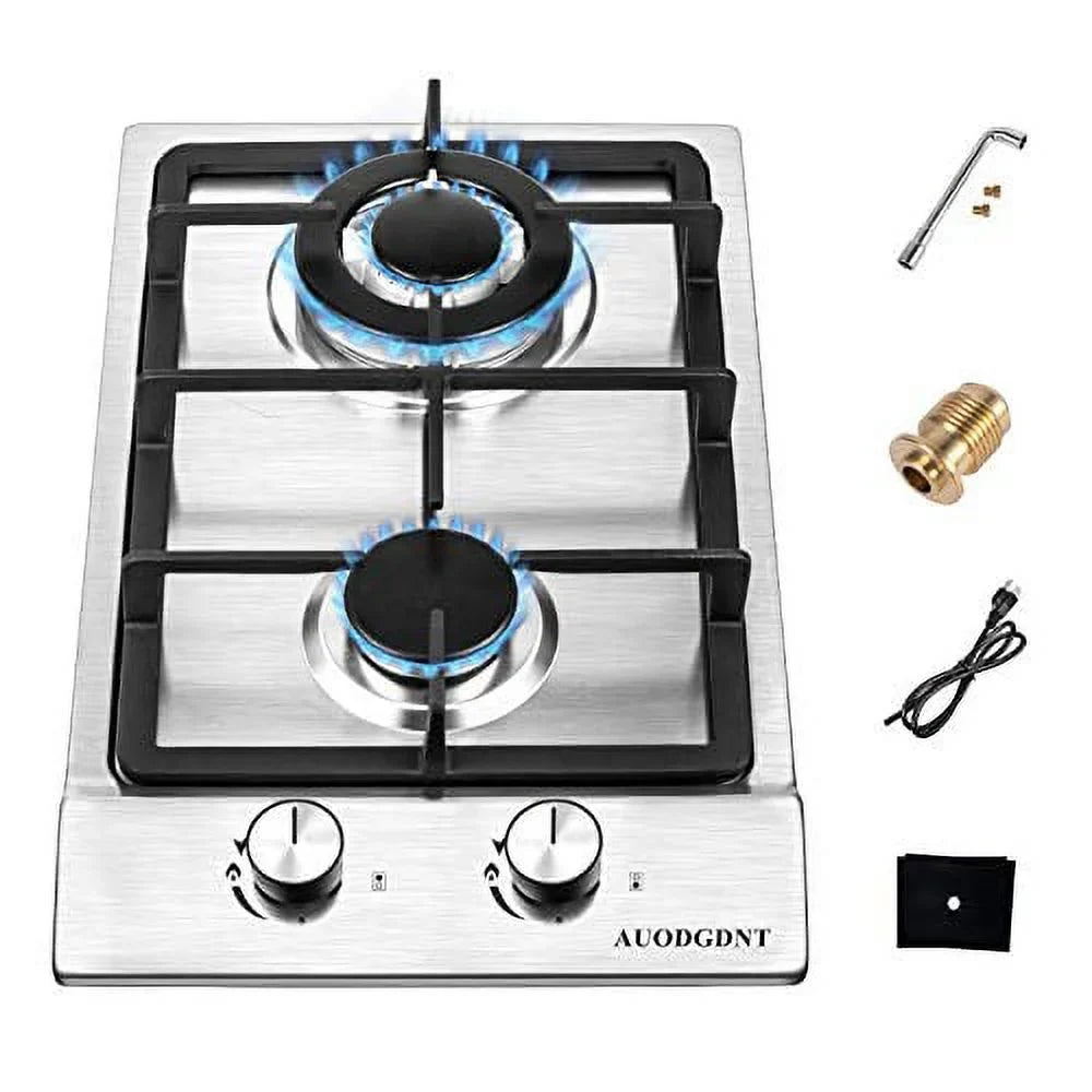 Gas Stove Gas Cooktop 2 Burners,12 Inches Portable Stainless Steel Built-in Gas Hob / Dual Fuel Easy to Clean for RVs, Apartments, Outdoor