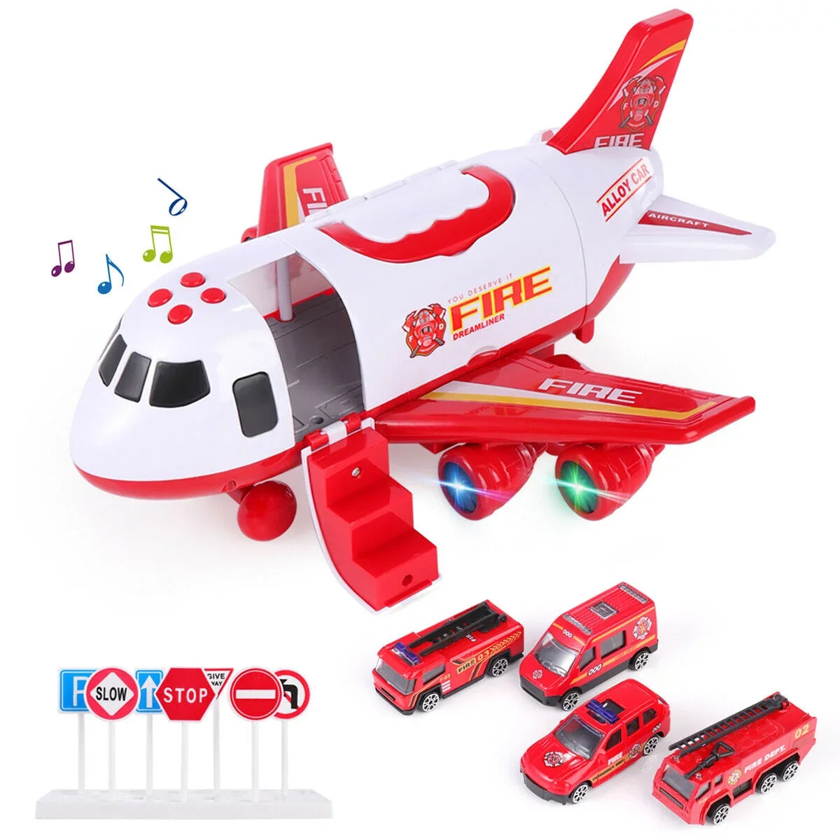 Airplane Toy Fire Truck Playset with Music and Lights, Transformable Airplane Storage Cart, 3-6 Years Old Boys and Girls Birthday Christmas Gift (Red)