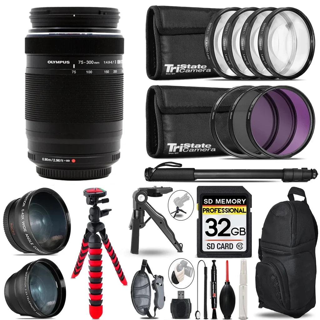 Olympus M.Zuiko Digital  75-300mm f/4.8-6.7  Lens- 3 Lens Kit + Tripod + Backpack - 32GB Accessory Bundle