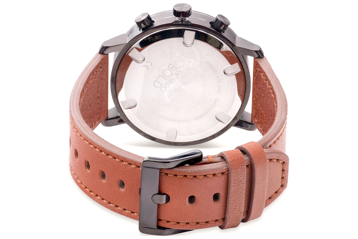 Movado Bold Evolution Black Ion Chronograph Cognac Brown Leather Mens Watch 3600758