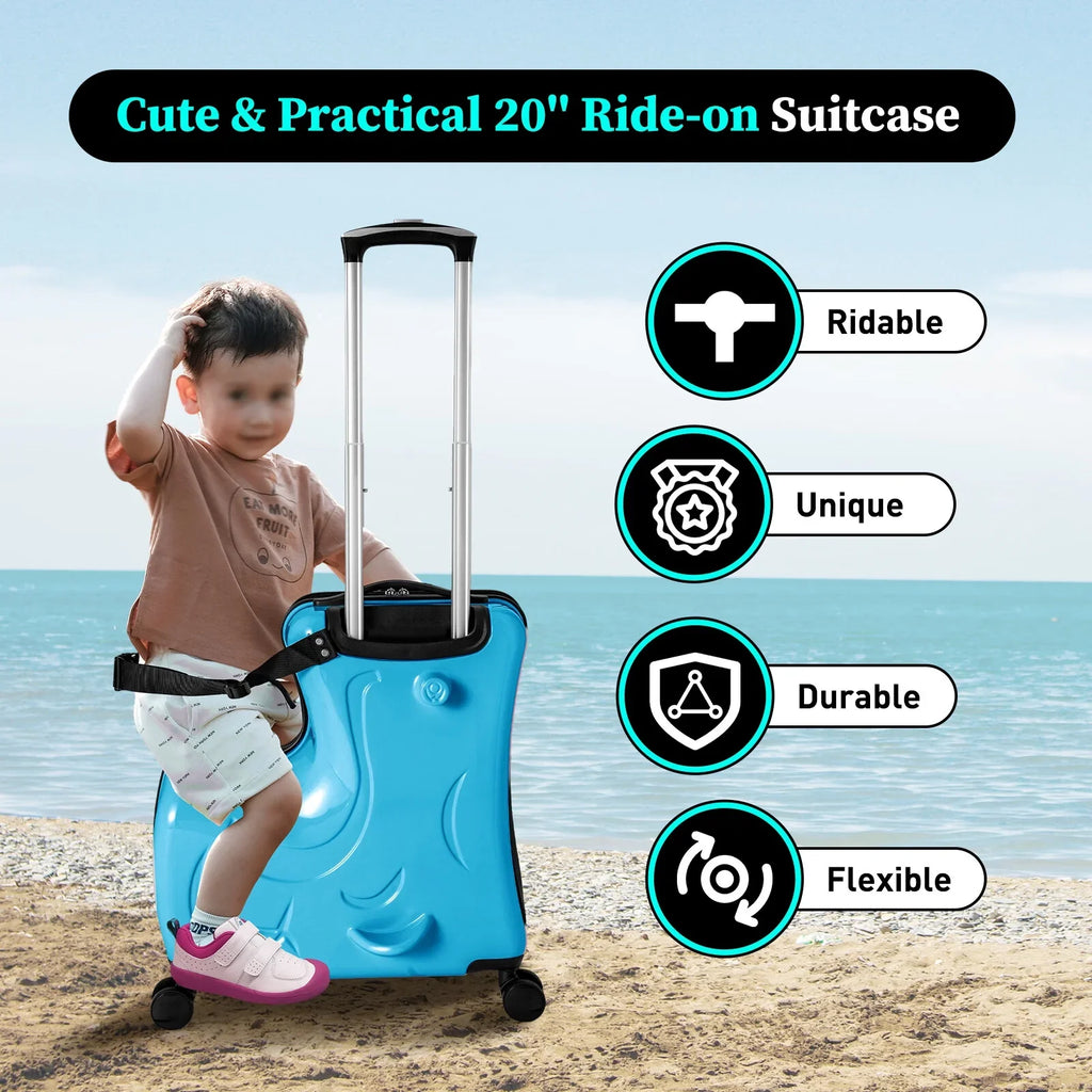 20" Kids Ride On Suitcase, Portable Spinner Wheels Trolley Luggage Blue Horse Shape Kids Travel Suitcase