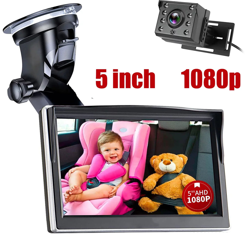 Luosen Baby Car Camera 1080P, Baby Mirror for Car Back Seat with 5 Inch  Monitor, Rear Facing Infant Camera Clear Night Vision, Newborns Travel Safety Kit