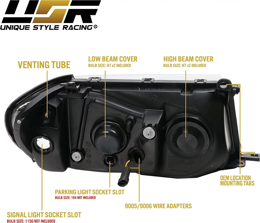 FJ100 Headlights - Headlamps Set (Left + Right) Compatible with 1998-2005 Toyota Land Cruiser  100 (Euro Style with Clear Corner  Piece Design)