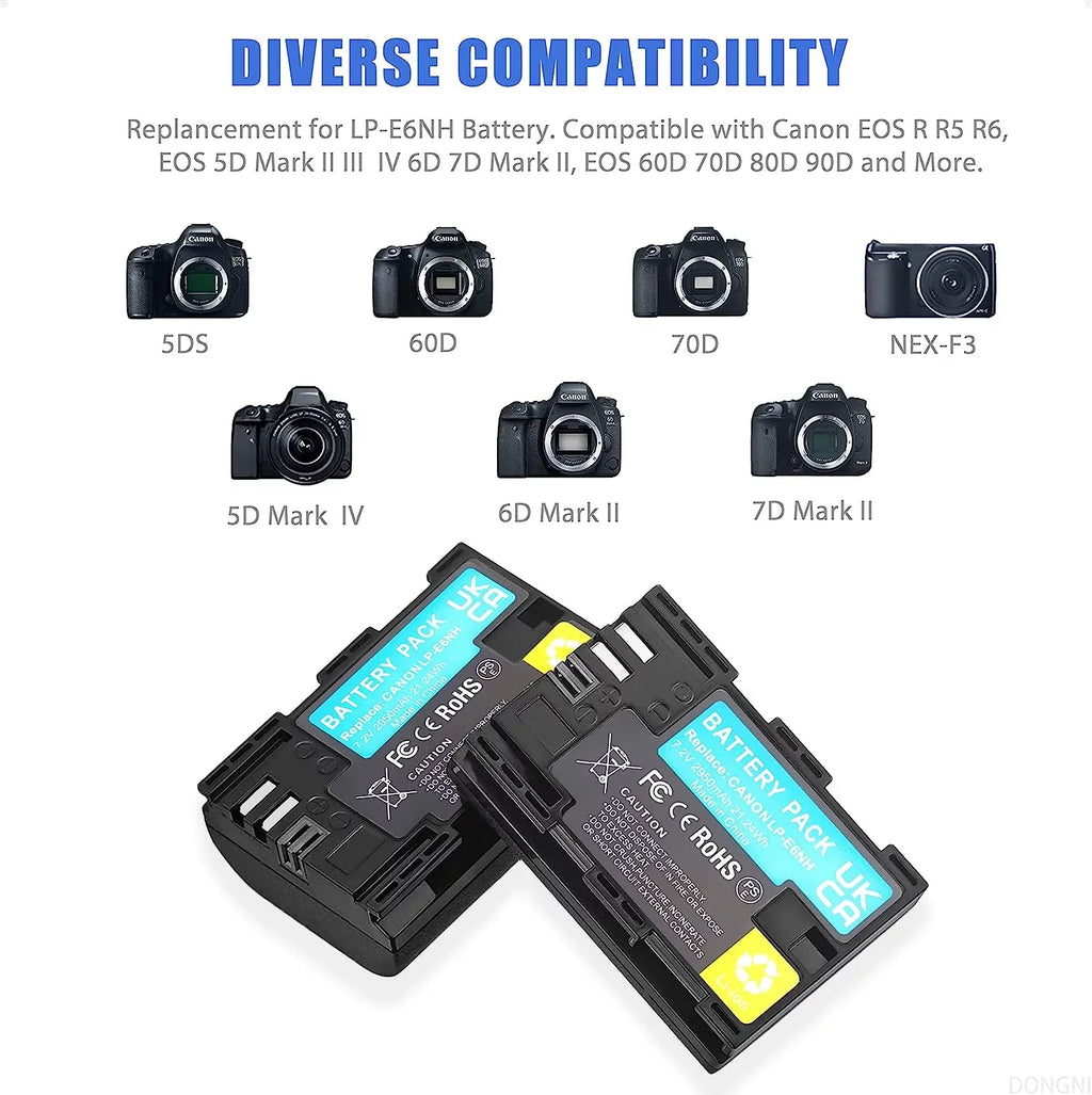 2-Pack -E6NH 2950mAh Batteries and Dual Charger for Canon  R R5 R6 5DS 6D 7D 60D 70D 80D 90D 5D Mark // Camera