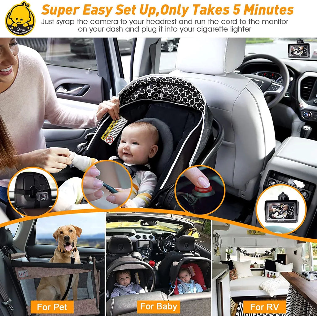 Luosen Baby Car Camera 1080P, Baby Mirror for Car Back Seat with 5 Inch  Monitor, Rear Facing Infant Camera Clear Night Vision, Newborns Travel Safety Kit