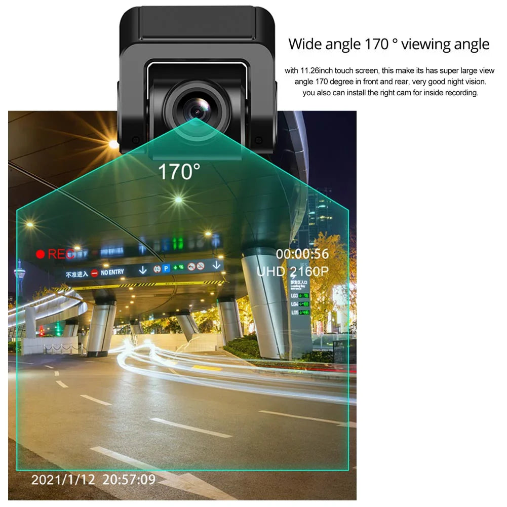 Dash Cam 3 Cameras with  CarPlay and Android Auto, 11.26"  Touch Screen with Bluetooth, Wireless Portable Car , Reversing Camera