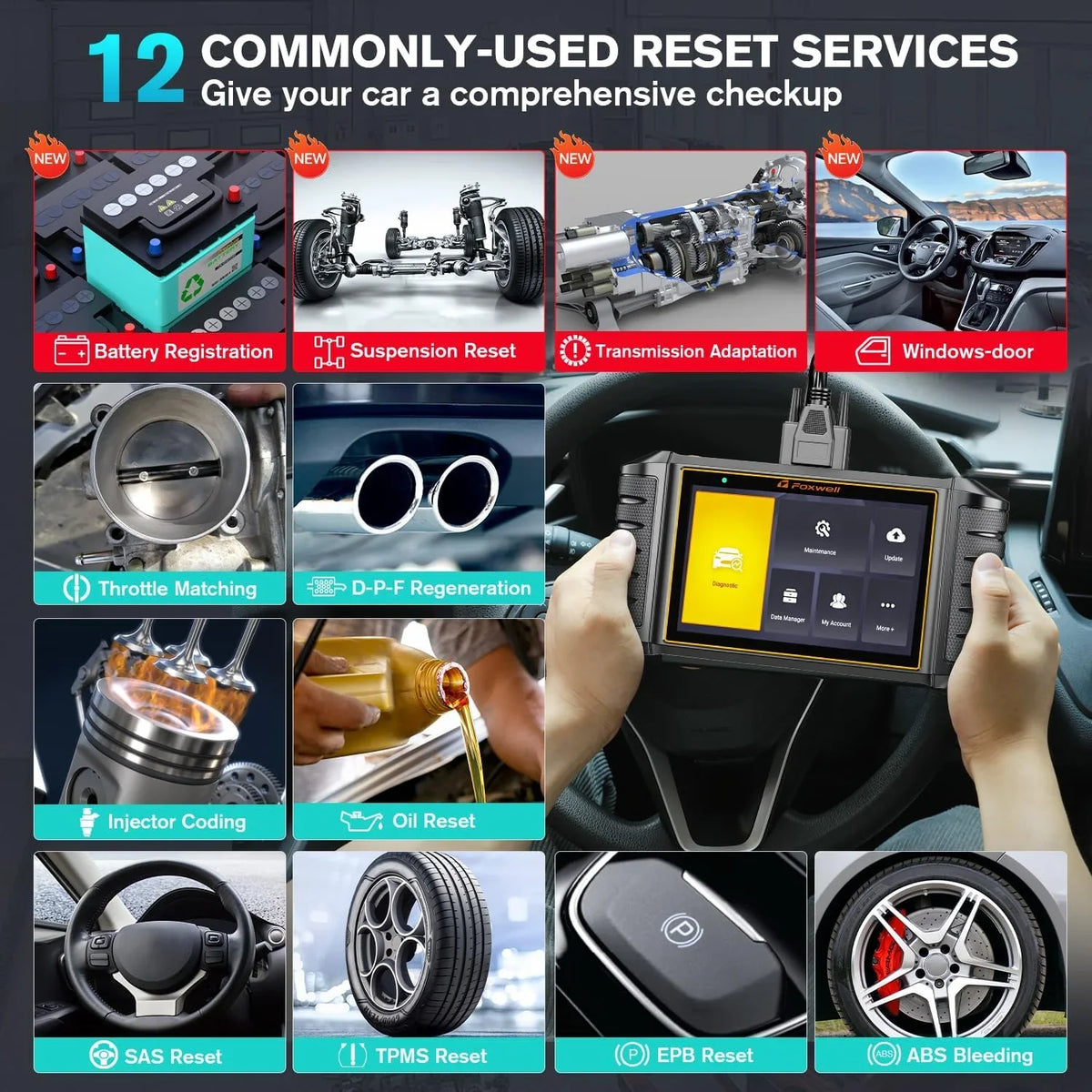 Foxwell NT726 OBD2 Scanner All Systems Diagnostic Tool  Bleeding  Calibration Oil  Throttle Reset 12 Maintainence Services Car Code Reader Free Update with a 5.5inch Touchscreen
