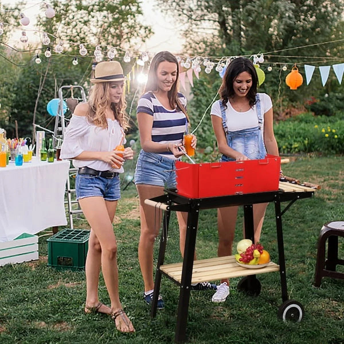 27 Inch Portable Charcoal Grill with Wheels for Outdoor Cooking Barbecue Camping  Coal Grill Heavy Duty Square for Small Patio Backyard