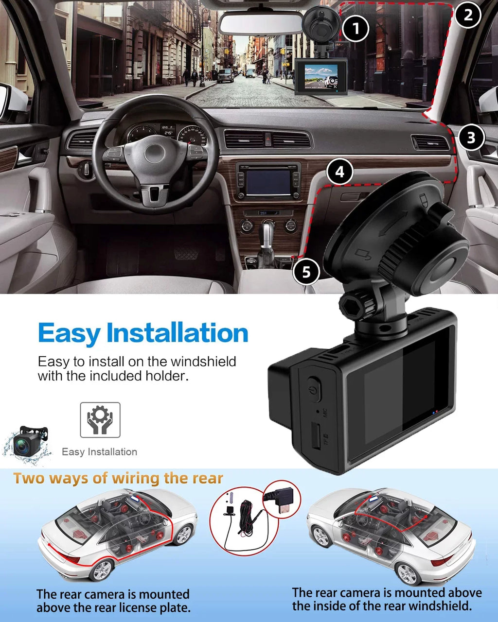 4K Front and Rear Dash Cam for Cars, Dual Dash Cam with  Card, 2 Inch Dash Camera with  , Night Vision, Loop Recording, Parking Mode, Wide Angle, 64GB  Card Included