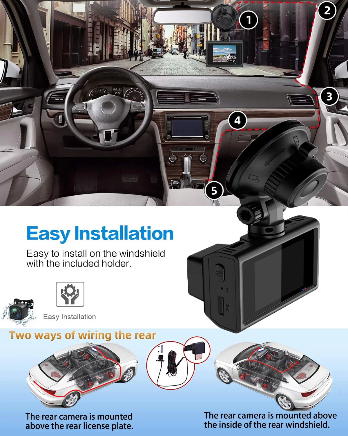4K Front and Rear Dash Cam for Cars, Dual Dash Cam with  Card, 2 Inch Dash Camera with  , Night Vision, Loop Recording, Parking Mode, Wide Angle, 64GB  Card Included