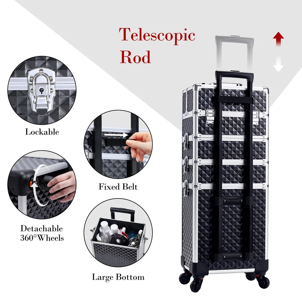 Joligrace 4 in 1 Aluminum Rolling Makeup Case with Wheels Cosmetic Train Case Trolley Box Salon Barber Case