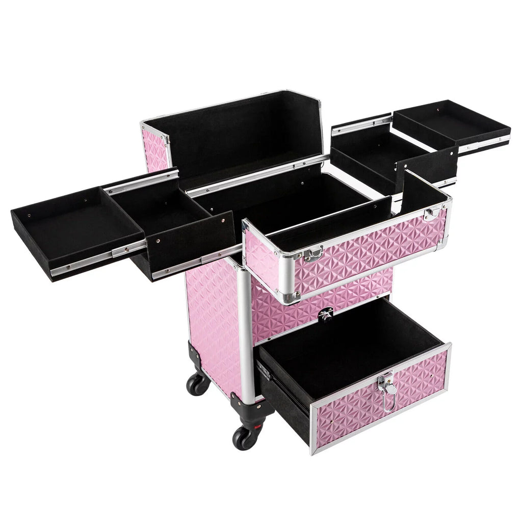 Professional Makeup Trolley Lockable Nail Embroidery Hair Styling Tools Storage Box with Drawers Pink