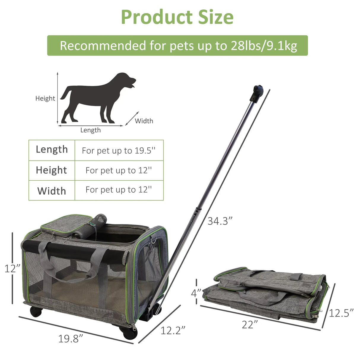 Pet Carrier with Wheels for Dogs and Cats, Airline Approved Pet Carrier for Cat & Dog, Cat Carrier with Wheel Removable Base, Telescopic Handle, Soft-Sided Mesh and Safety Strap