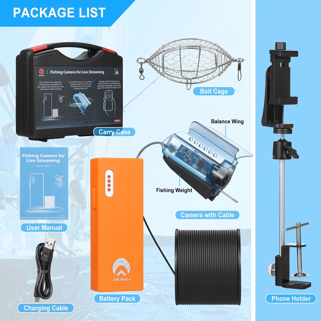 Dcenta 1080P Underwater Fishing Camera with  Control Fishing Live Video Camera Fish Finder with 50M Cable Mobile Phone Holder Bait Cage Carry Case for Ice Lake Sea Boat Kayak Fishing