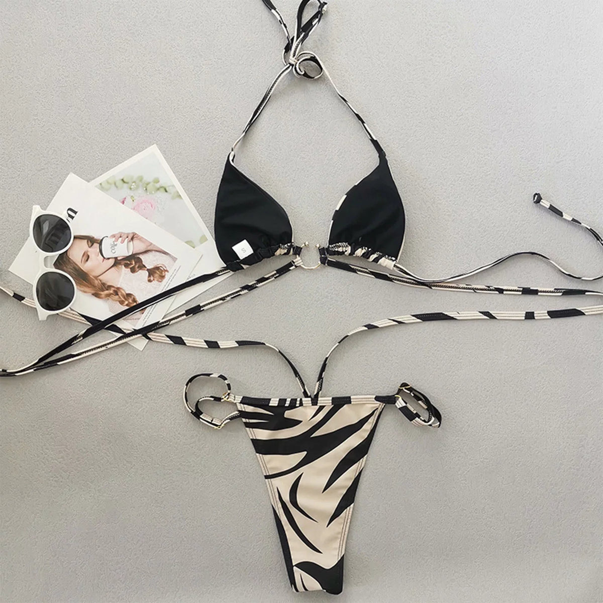 Swimsuits for Women Sexy Panda Two Color Striped Lace Up Split Bikini Swimsuit