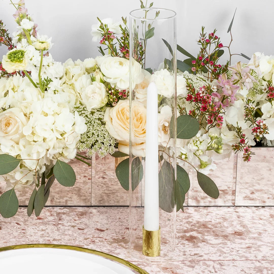 Koyal Wholesale Minimalist Taper Candle Holders with Hurricane Glass for Weddings Centerpieces, 14" Tall, Set of 6