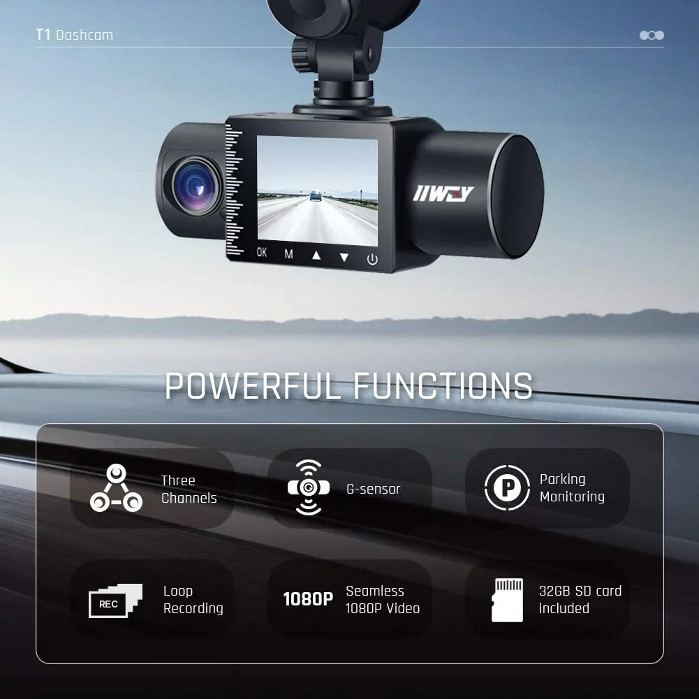 Dash Cam Front Rear and Inside 1080P Three Channels with  Night Vision Car Camera  Card Included Dashboard Camera Dashcam for Cars  Motion Detection and G-Sensor for Car, Taxi, Uber