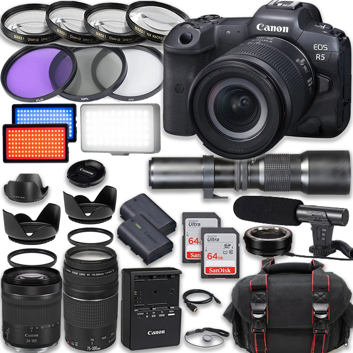 Canon  R5 Full Frame Mirrorless Camera with  24-105mm  & 75-300mm  + 500mm f/8 Focus Lenses, Accessories: 2X 64GB Memory Cards,  Video Light, Microphone, Extra Battery, Case & More