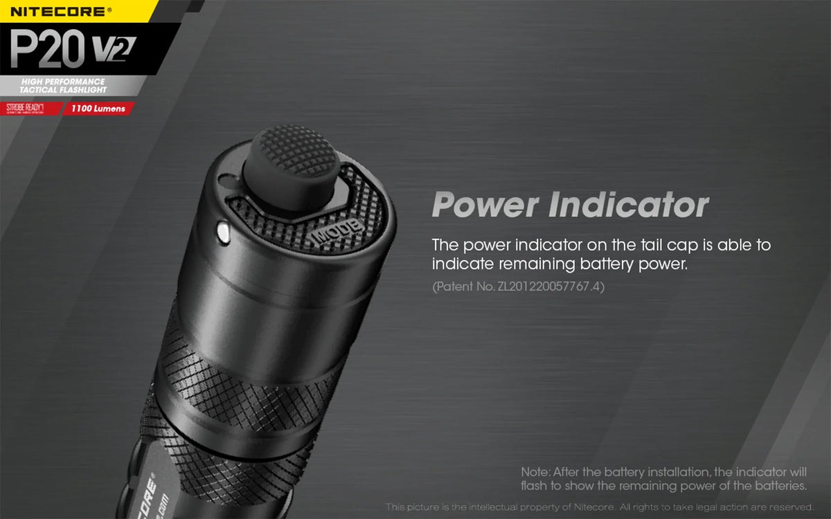 Combo: Nitecore P20 V2 Tactical  Flashlight -  -L2 V6 - 1100 Lumens w/NL189 Battery, D2 Charger +2x Free Eco-Sensa CR123A Batteries